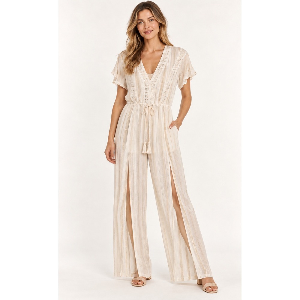 Jodifl Beachwear By Japna Ivory Gold Stripe Lace Slit Leg Jumpsuit Cover-Up XL